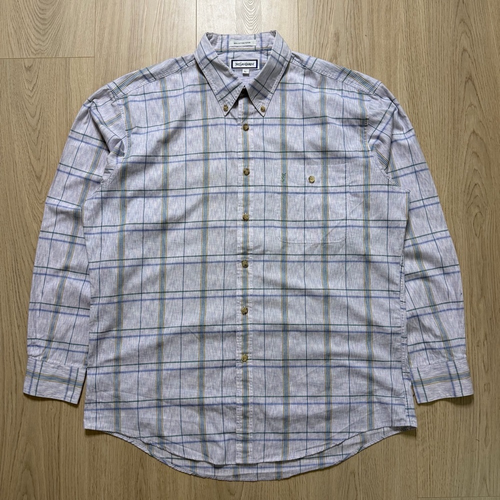 Vintage Yves Saint Laurent Plaid Longsleeve Buttonup Collared Shirt Mens Large